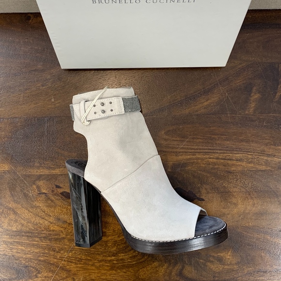 Brunello Cucinelli Grey Peep Toe Monili Suede Pump - Picture 4 of 5